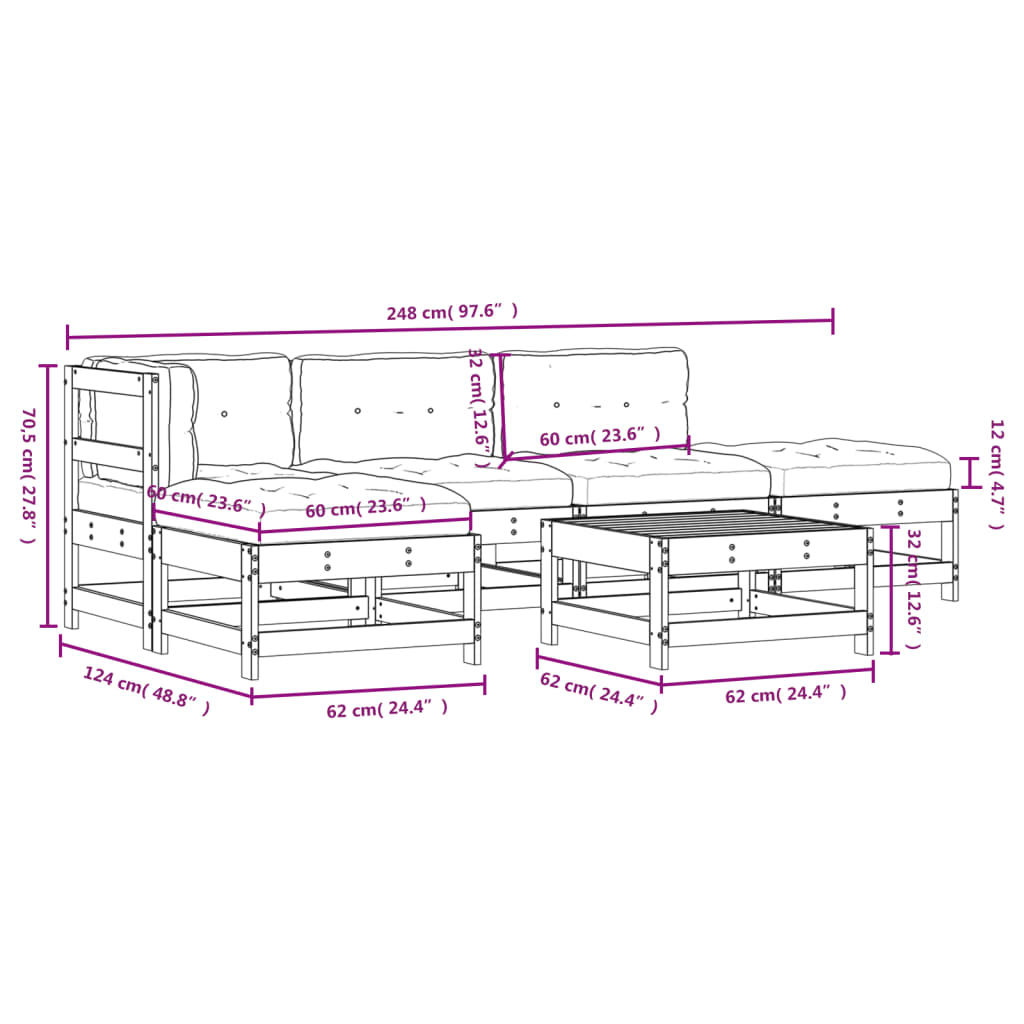 vidaXL Patio Lounge Set with Cushions Outdoor Furniture Set 6 Piece Solid Wood-14