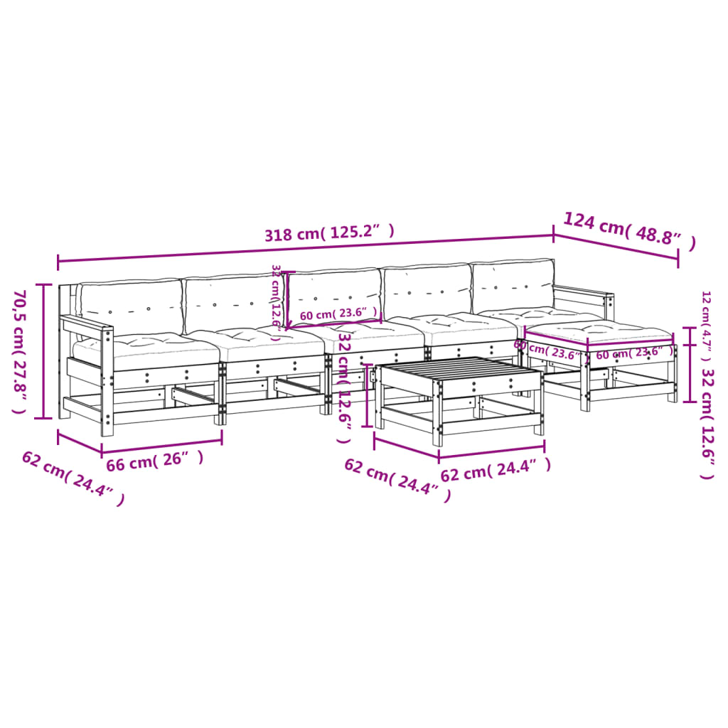 vidaXL Patio Lounge Set with Cushions Outdoor Furniture Set 7 Piece Solid Wood-15