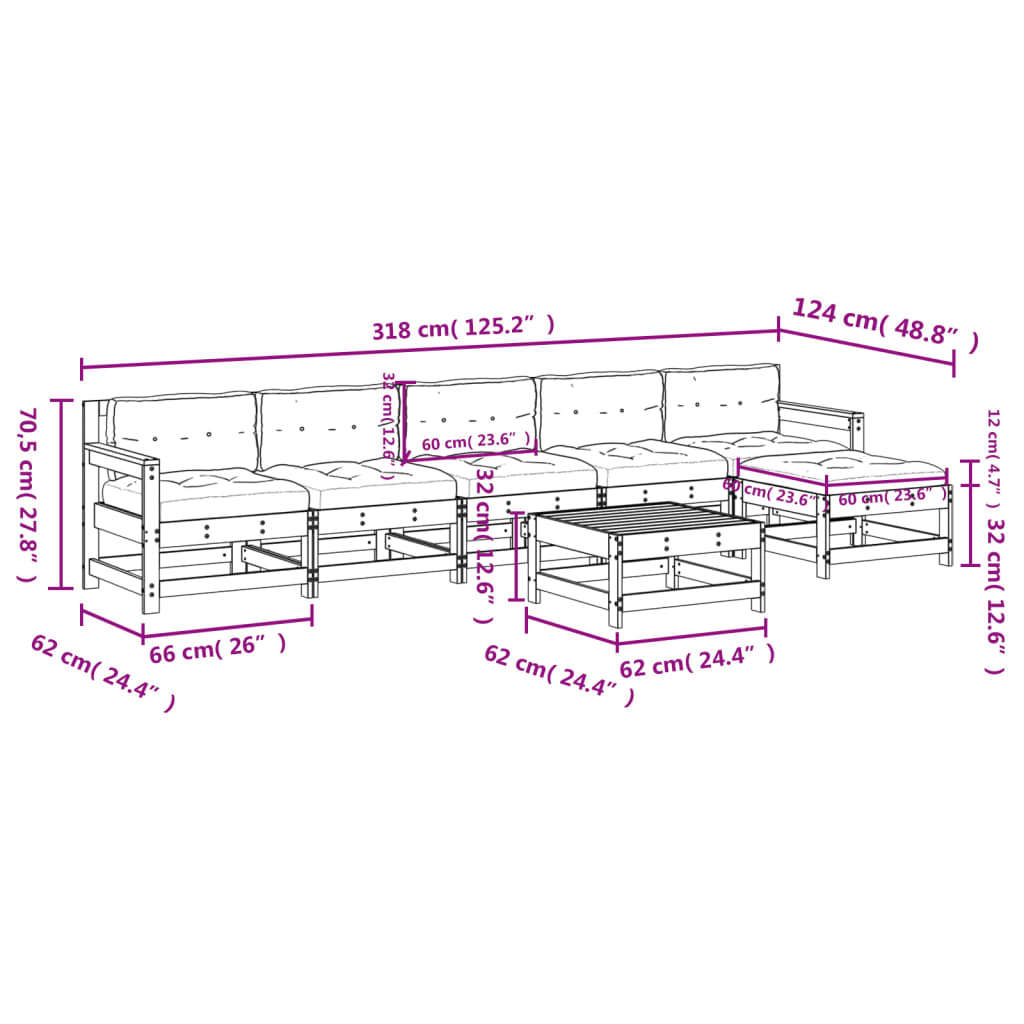 vidaXL Patio Lounge Set with Cushions Outdoor Furniture Set 7 Piece Solid Wood-10