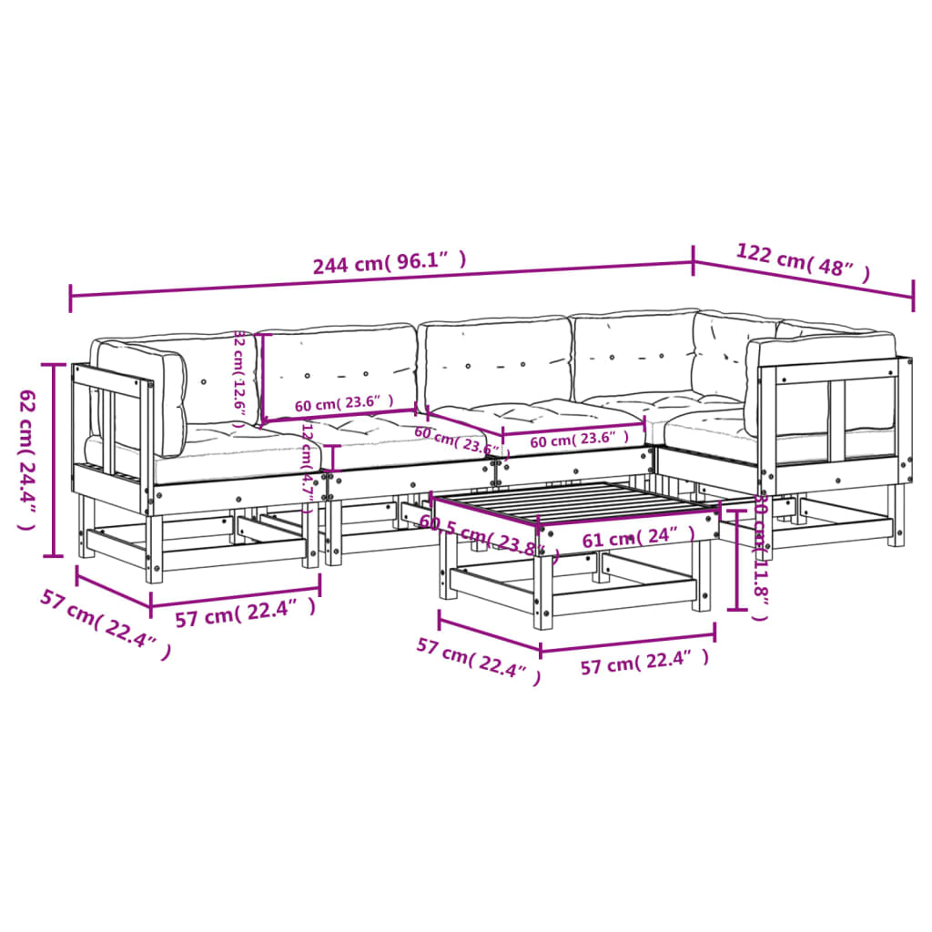 vidaXL Patio Lounge Set with Cushions Outdoor Furniture Set 6 Piece Solid Wood-15