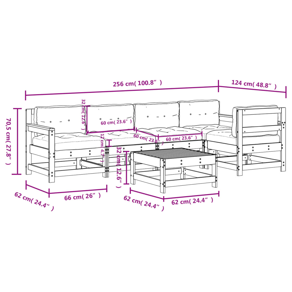 vidaXL Patio Lounge Set with Cushions Outdoor Furniture Set 6 Piece Solid Wood-14