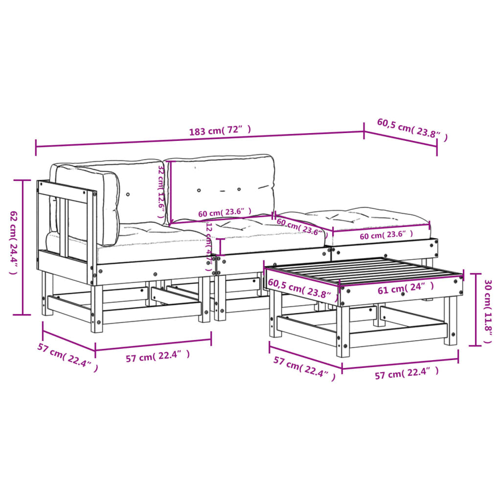 vidaXL Patio Furniture Set with Cushions Outdoor Lounge Set 4 Piece Solid Wood-14