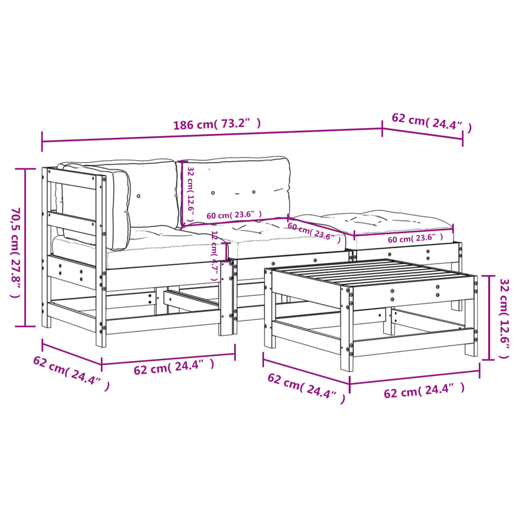 vidaXL Patio Lounge Set with Cushions Outdoor Furniture 4 Piece Solid Wood-14