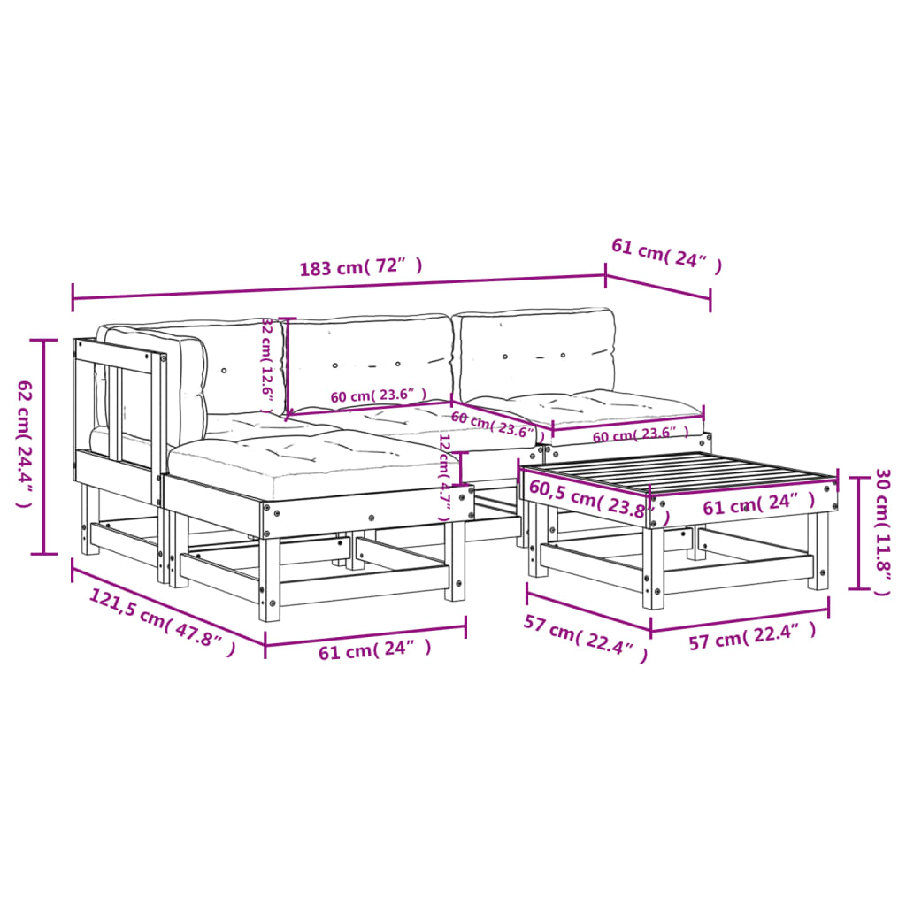 vidaXL Patio Furniture Set with Cushions Outdoor Lounge Set 5 Piece Solid Wood-15