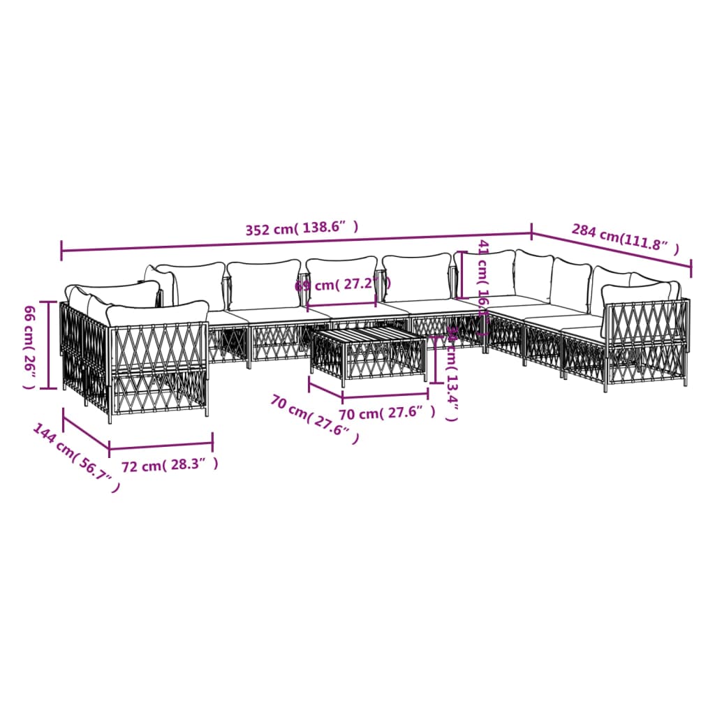 vidaXL Patio Furniture Set 11 Piece Garden Sectional Sofa with Cushions Steel-16