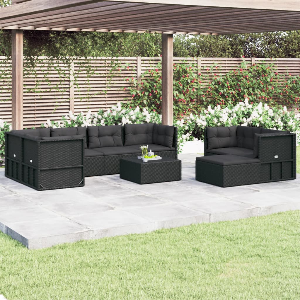 vidaXL 8 Piece Patio Lounge Set with Cushions Black Poly Rattan-0