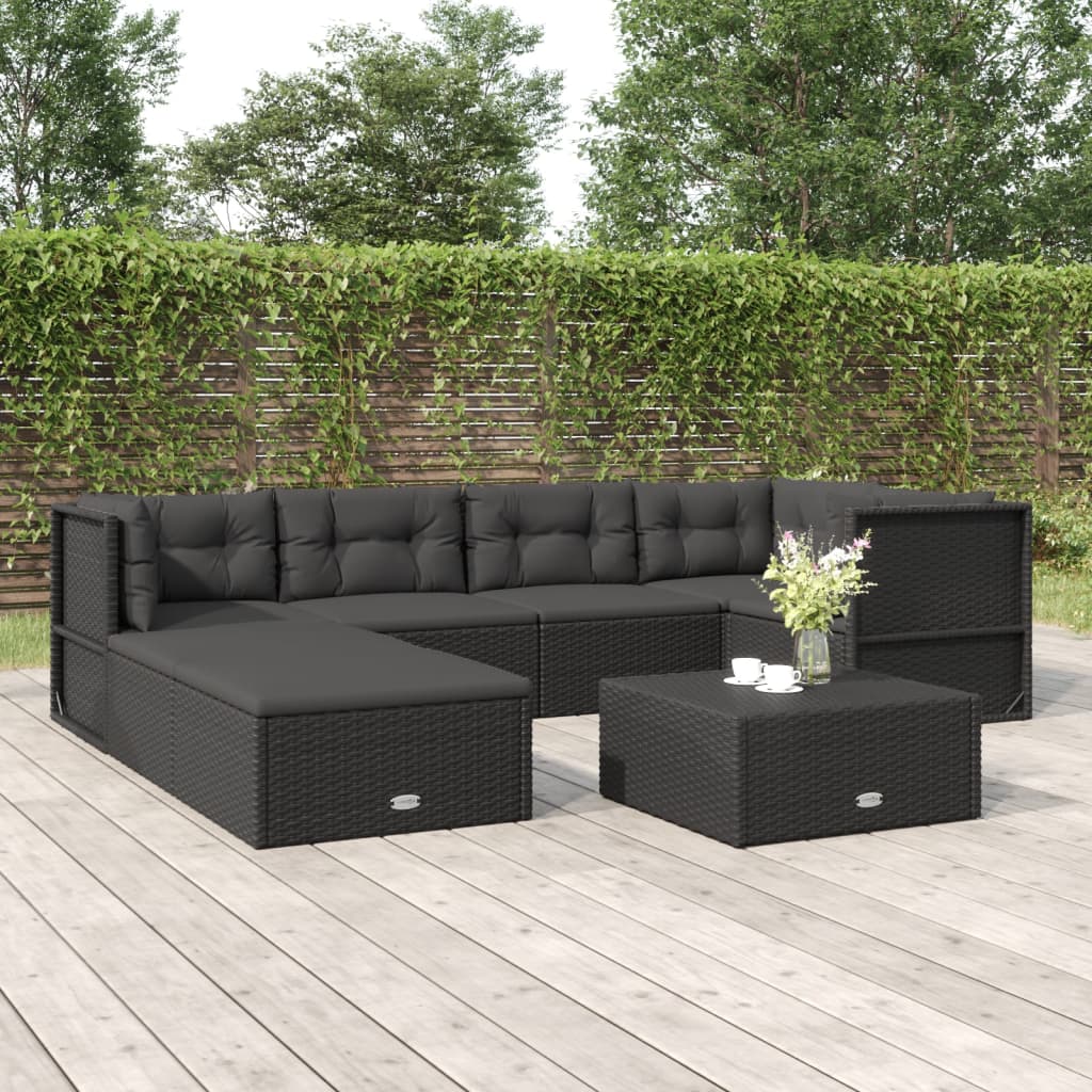 vidaXL 7 Piece Patio Lounge Set with Cushions Black Poly Rattan-0