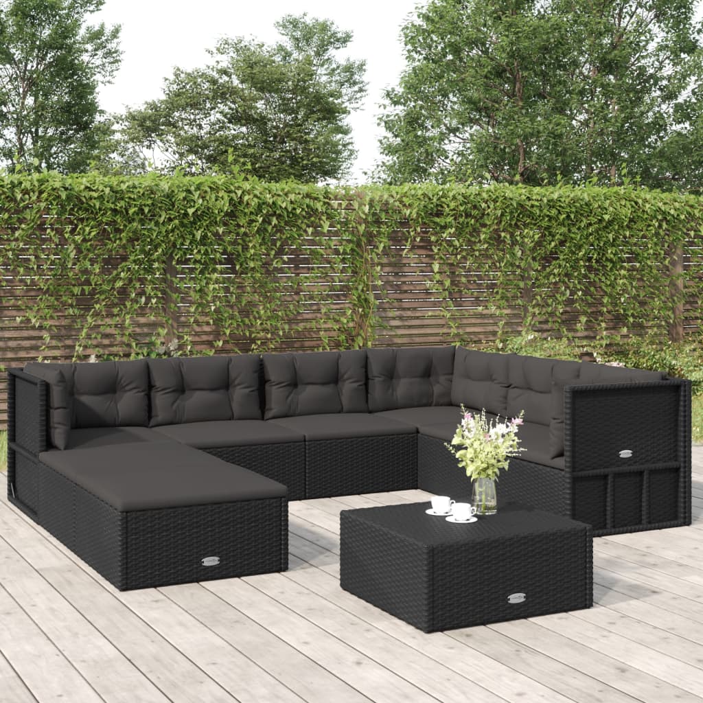 vidaXL 8 Piece Patio Lounge Set with Cushions Black Poly Rattan-0