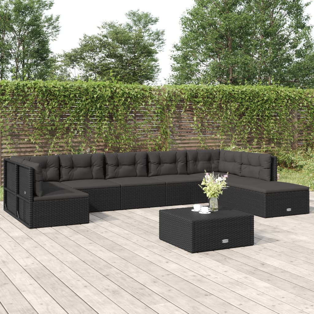 vidaXL 7 Piece Patio Lounge Set with Cushions Black Poly Rattan-7