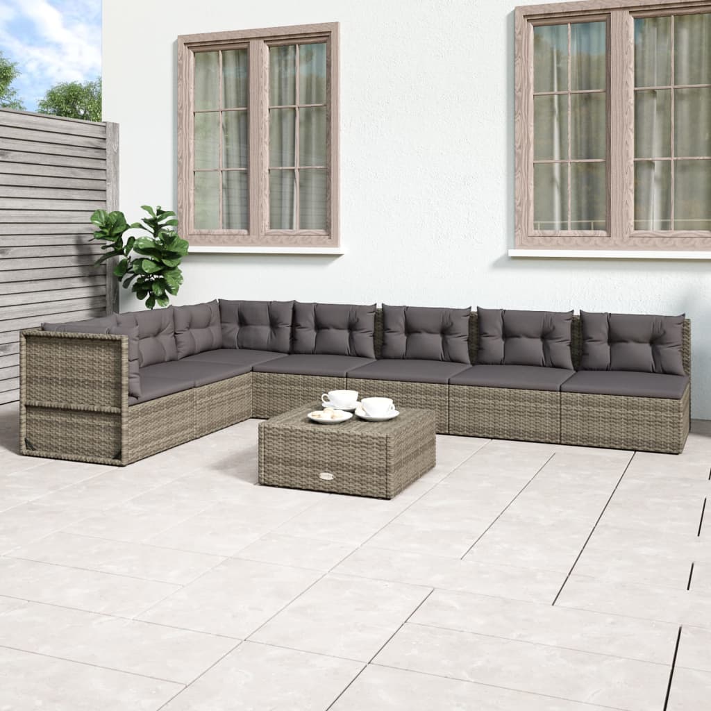 vidaXL 7 Piece Patio Lounge Set with Cushions Gray Poly Rattan-0