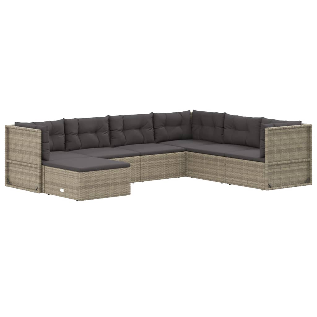 vidaXL 7 Piece Patio Lounge Set with Cushions Gray Poly Rattan-2