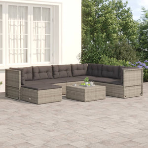 vidaXL 7 Piece Patio Lounge Set with Cushions Gray Poly Rattan-0