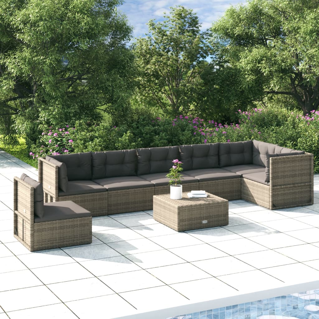 vidaXL 7 Piece Patio Lounge Set with Cushions Gray Poly Rattan-0