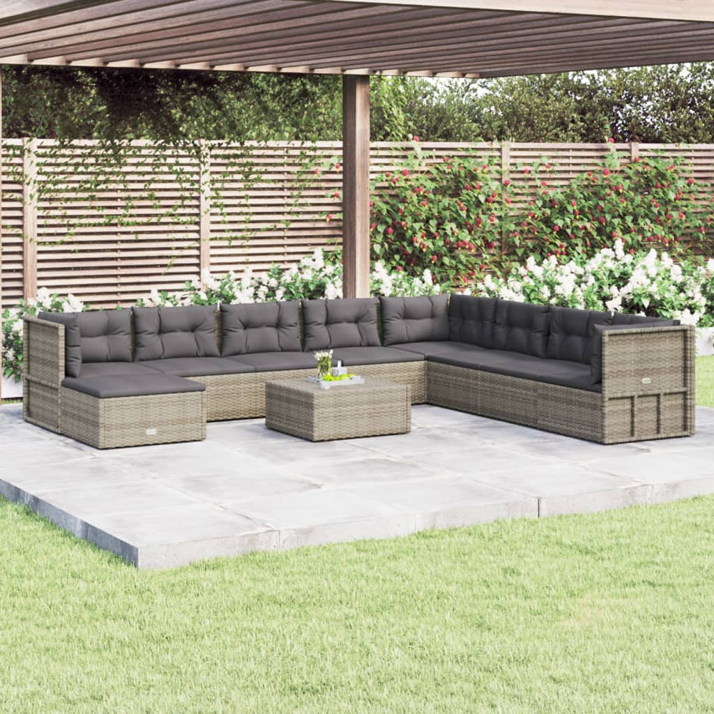 vidaXL 9 Piece Patio Lounge Set with Cushions Gray Poly Rattan-0