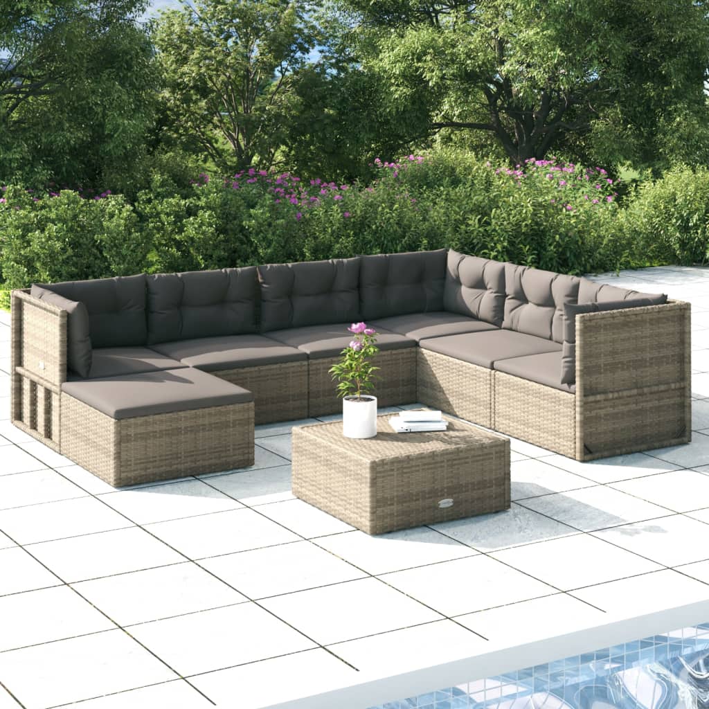 vidaXL 7 Piece Patio Lounge Set with Cushions Gray Poly Rattan-0