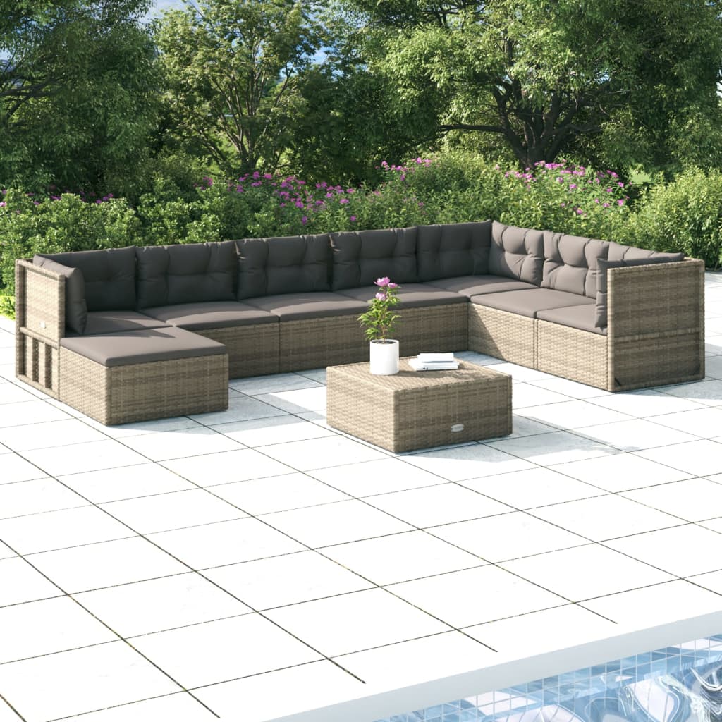 vidaXL 9 Piece Patio Lounge Set with Cushions Gray Poly Rattan-0