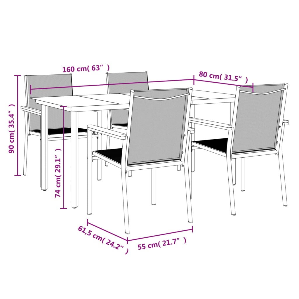 vidaXL 5 Piece Patio Dining Set Black Textilene and Steel-21