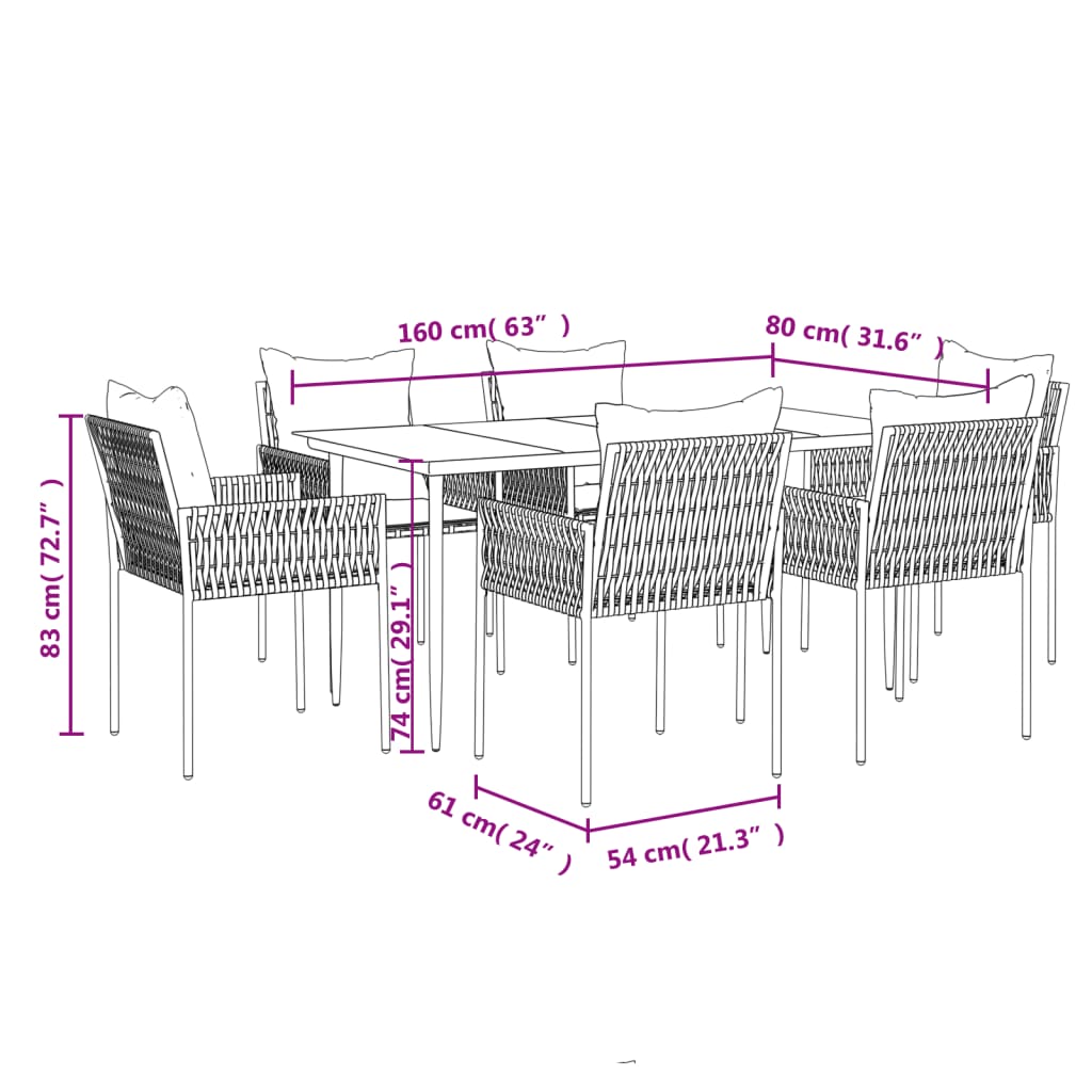 vidaXL Patio Dining Set Table and Chair with Cushions Poly Rattan and Steel-25