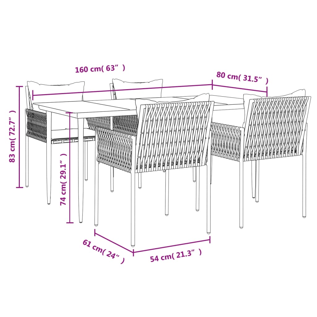 vidaXL Patio Dining Set Table and Chair with Cushions Poly Rattan and Steel-47