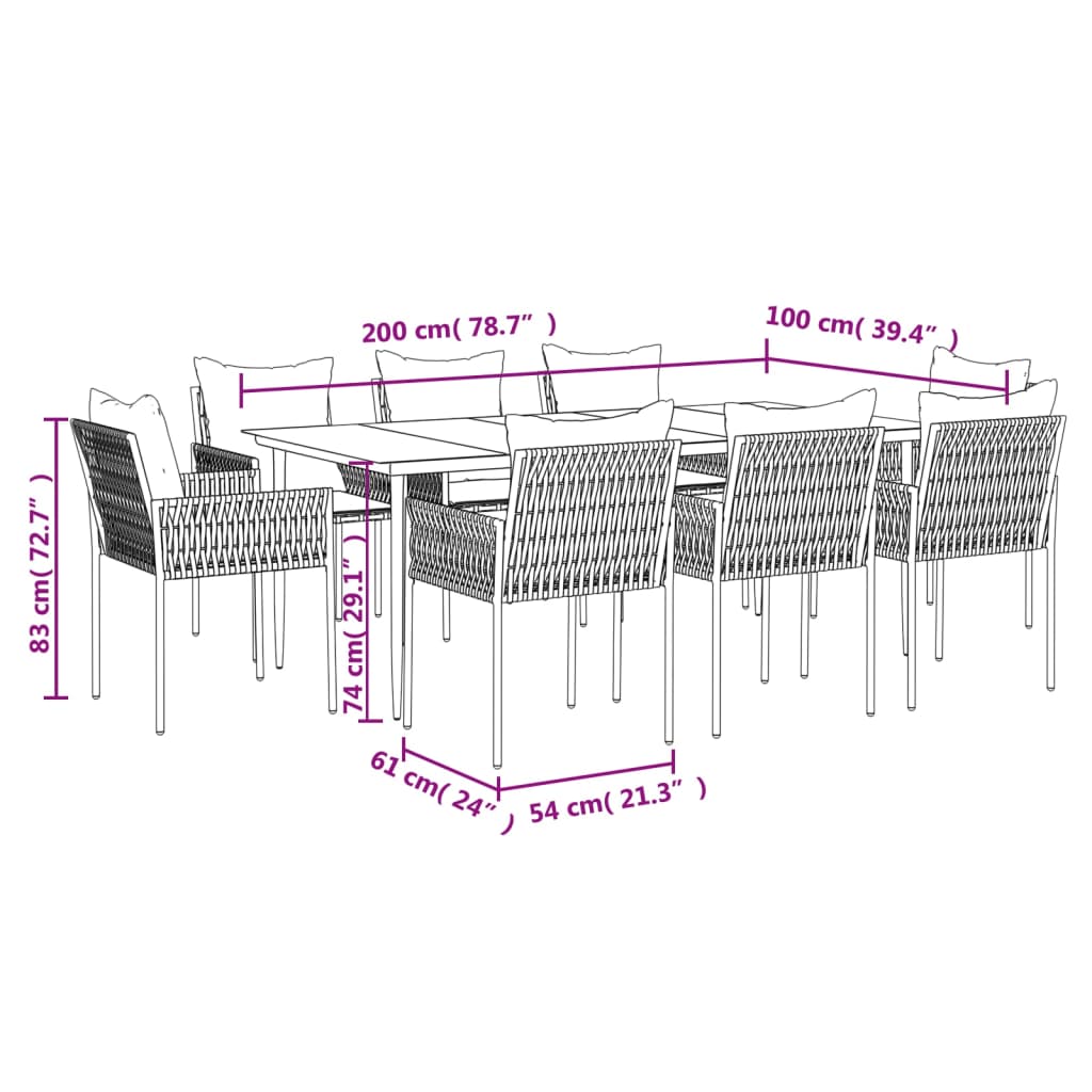 vidaXL Patio Dining Set Table and Chair with Cushions Poly Rattan and Steel-9