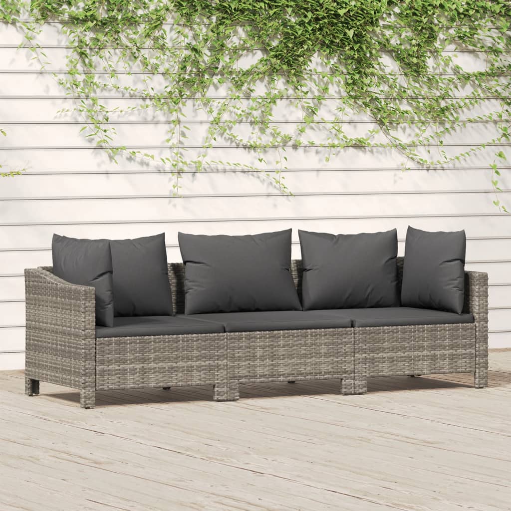 vidaXL 3 Piece Patio Lounge Set with Cushions Gray Poly Rattan-5