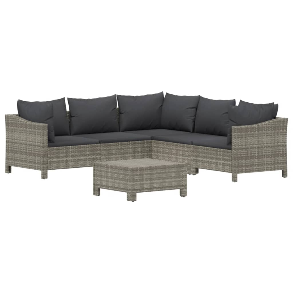 vidaXL 6 Piece Patio Lounge Set with Cushions Gray Poly Rattan-9