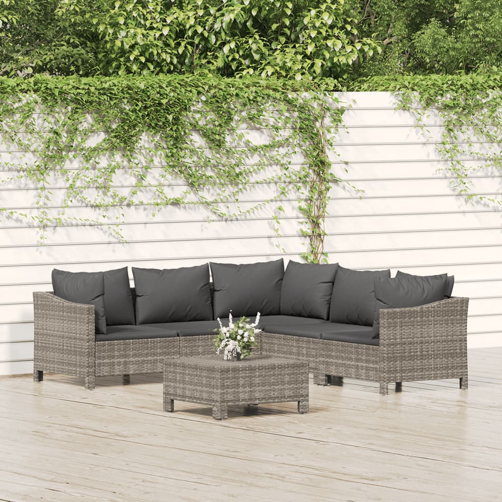 vidaXL 6 Piece Patio Lounge Set with Cushions Gray Poly Rattan-5