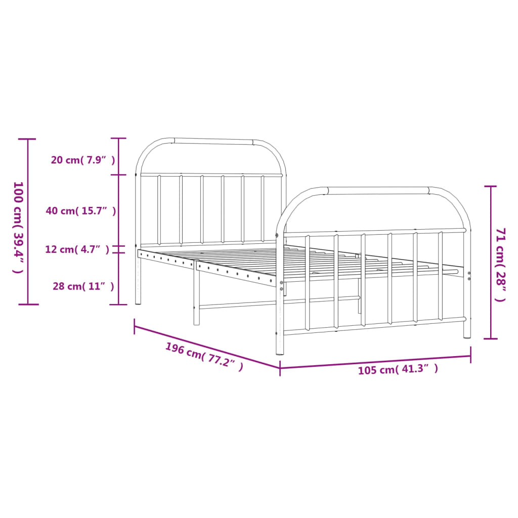 vidaXL Metal Bed Frame with Headboard and Footboard White 39.4"x74.8" Twin-9