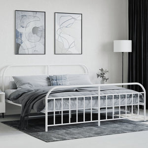 vidaXL Metal Bed Frame with Headboard and Footboard White 76"x79.9" King-1