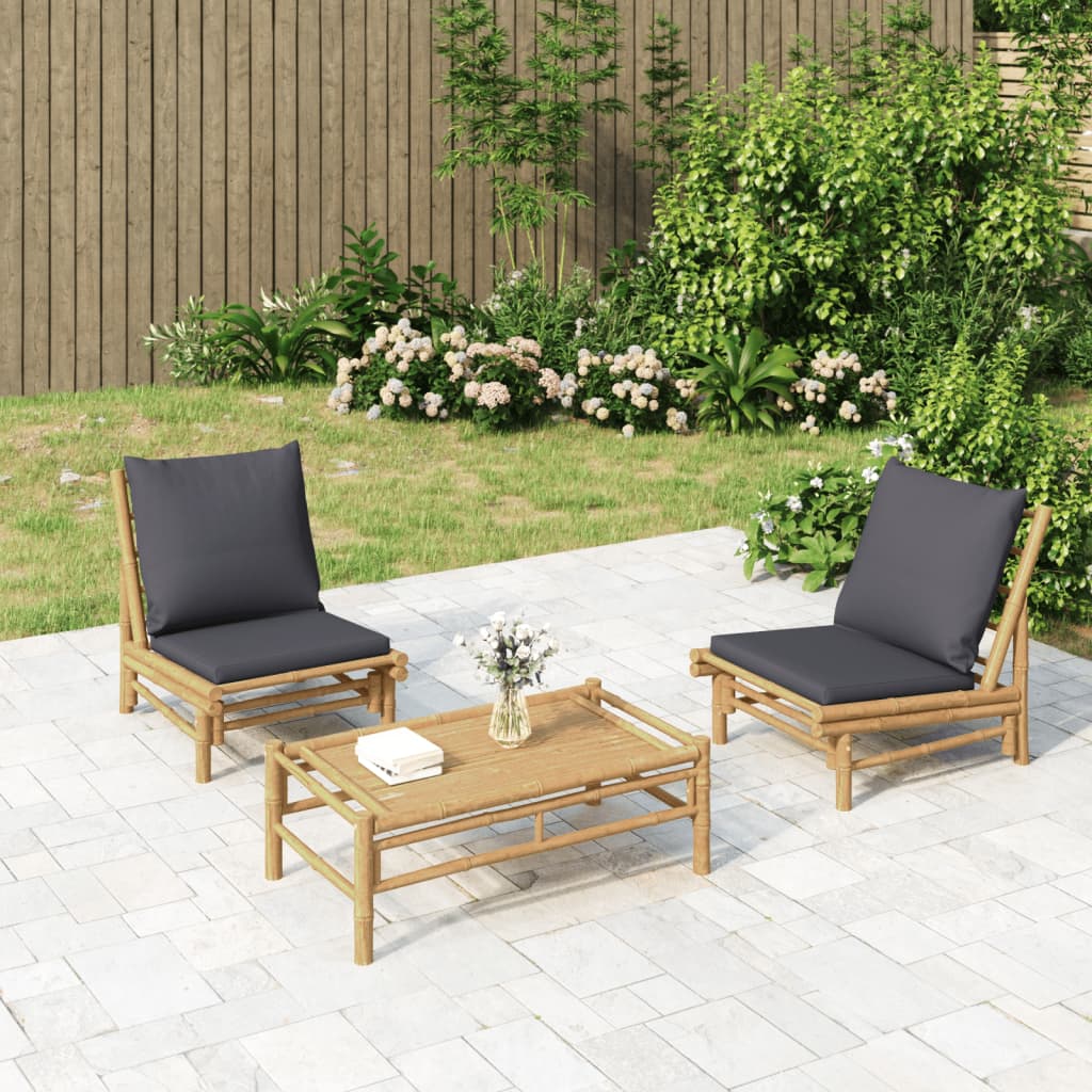 vidaXL Patio Chairs 2 pcs with Dark Gray Cushions Bamboo-0