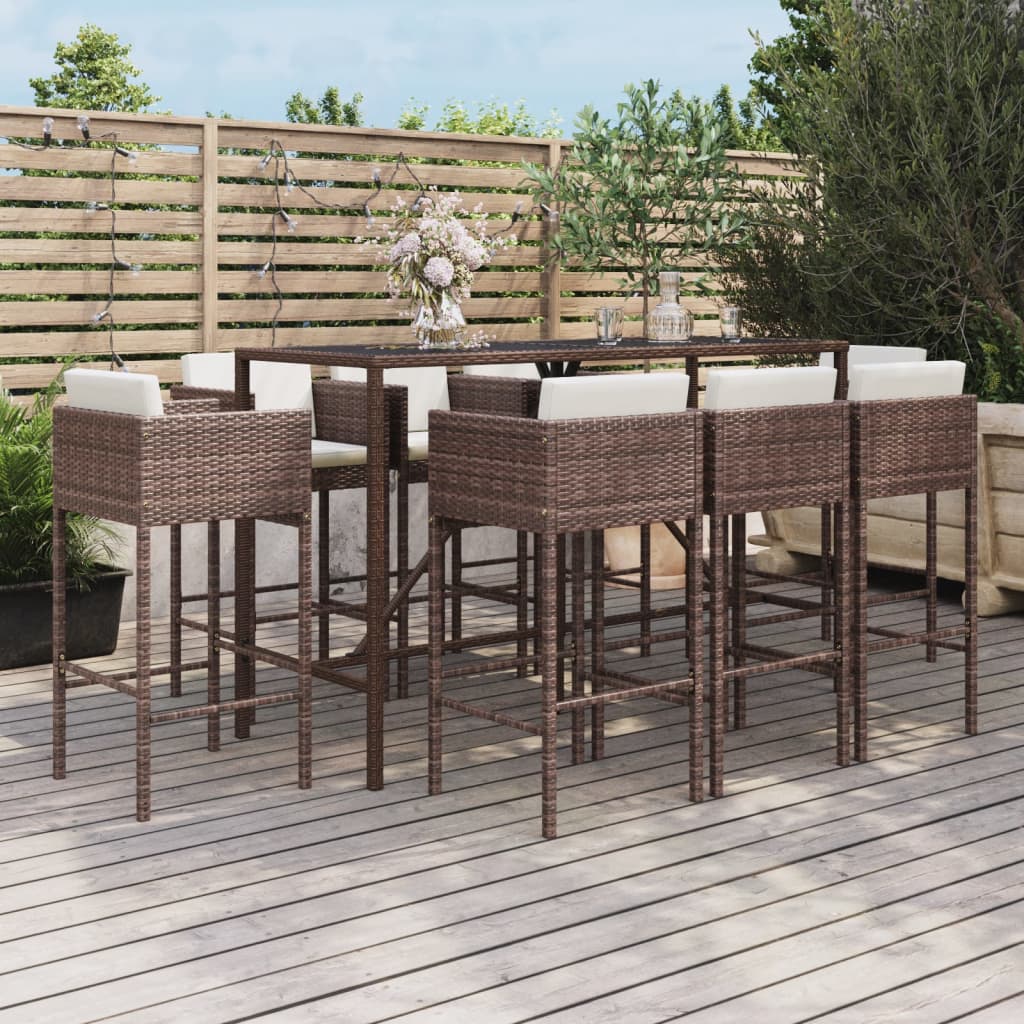 vidaXL Patio Bar Set Outdoor Wicker Table and Stool with Cushions Poly Rattan-0