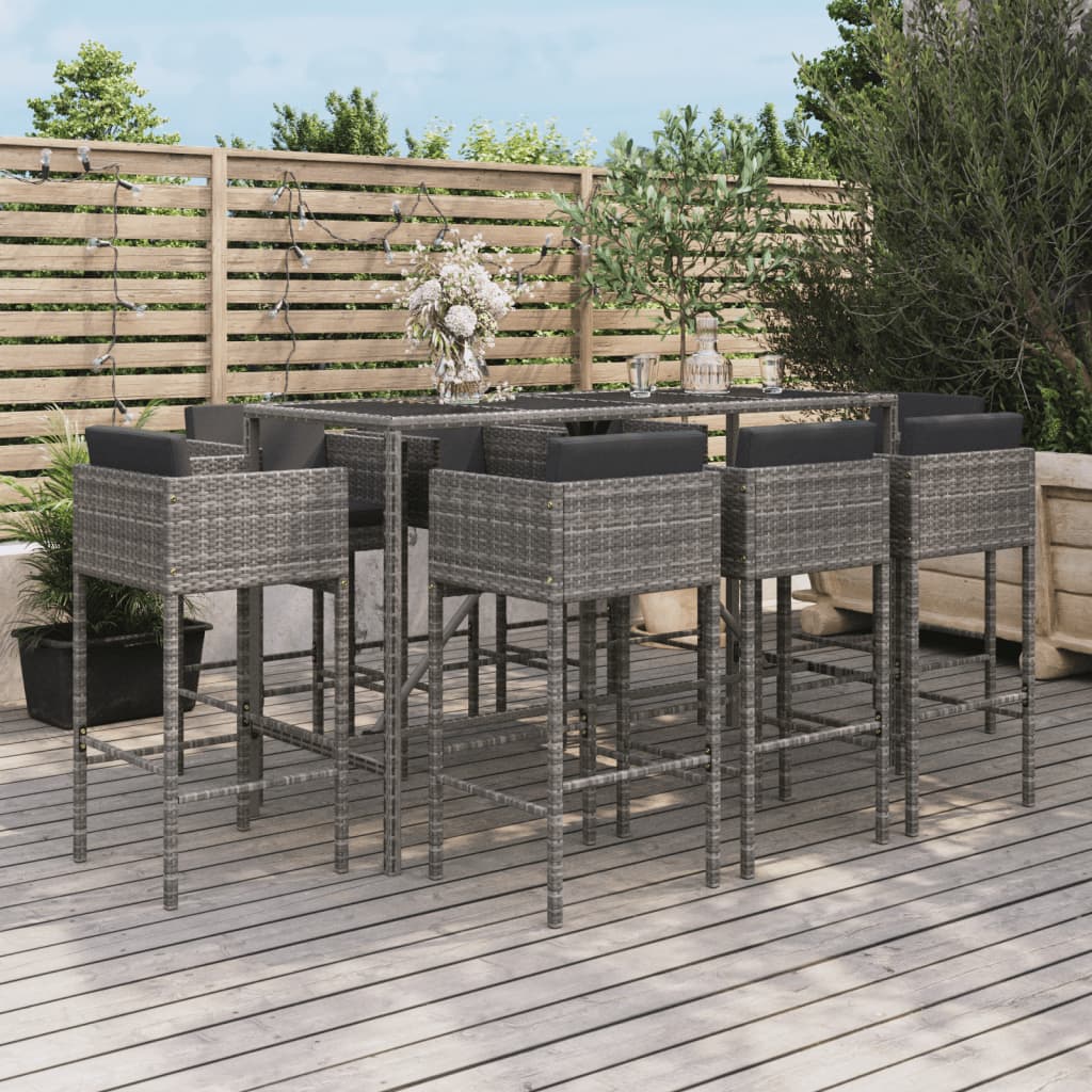 vidaXL Patio Bar Set Outdoor Wicker Table and Stool with Cushions Poly Rattan-0