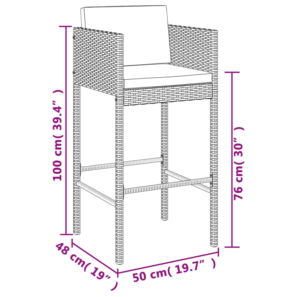 vidaXL Patio Bar Set Outdoor Wicker Table and Stool with Cushions Poly Rattan-5