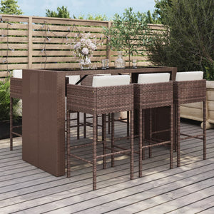 vidaXL Patio Bar Set 7 Piece Wicker Table and Stool with Cushions Poly Rattan-0