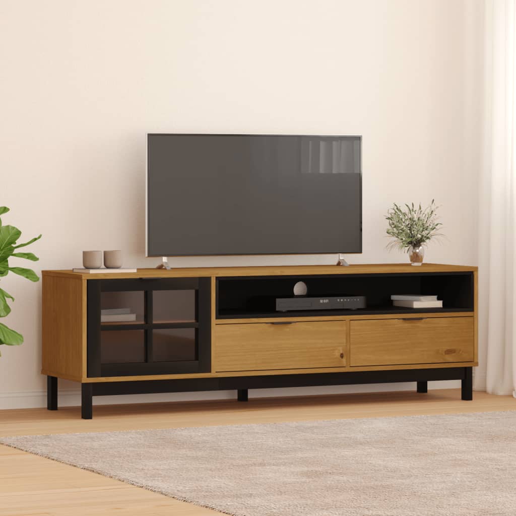 vidaXL TV Stand with Glass Door FLAM 62.2"x15.7"x19.7" Solid Wood Pine-6