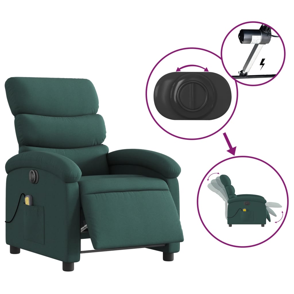 vidaXL Electric Massage Recliner Chair Dark Green Fabric-3