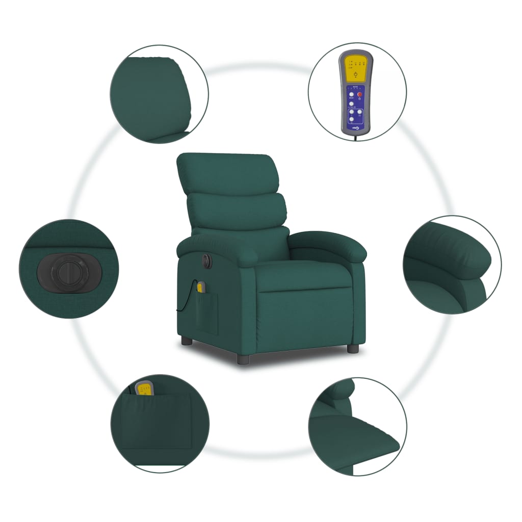 vidaXL Electric Massage Recliner Chair Dark Green Fabric-5