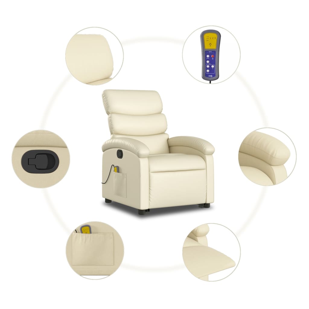 vidaXL Stand up Massage Recliner Chair Cream Faux Leather-5