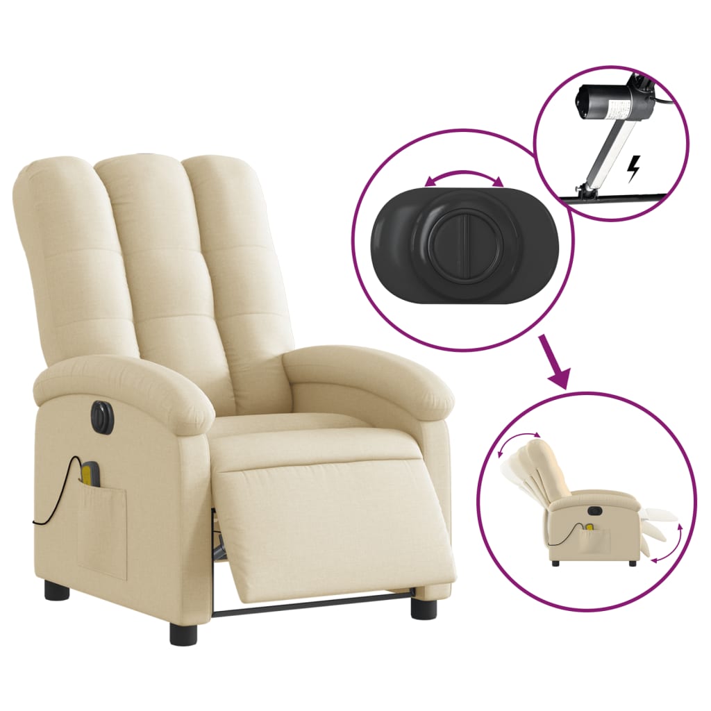 vidaXL Electric Massage Recliner Chair Cream Fabric-3