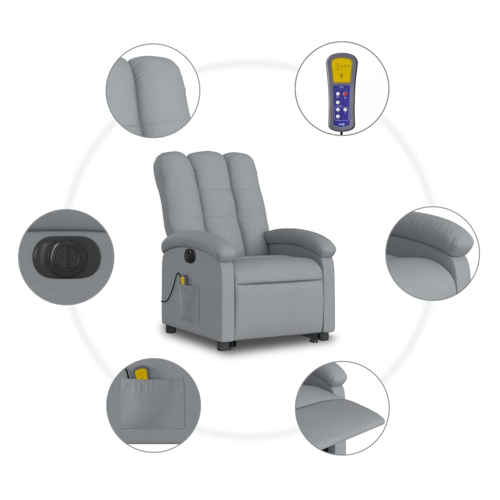 vidaXL Electric Stand up Massage Recliner Chair Light Gray Fabric-5