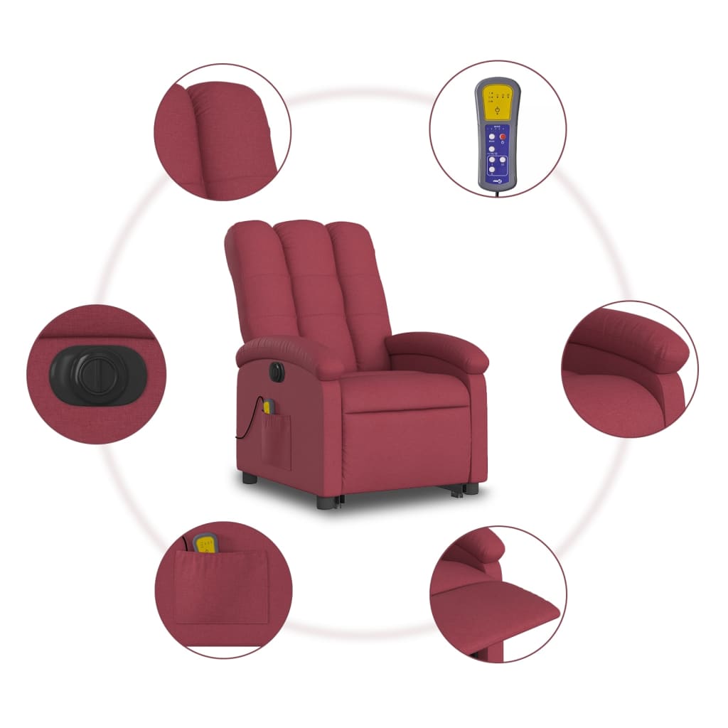 vidaXL Electric Stand up Massage Recliner Chair Wine Red Fabric-5