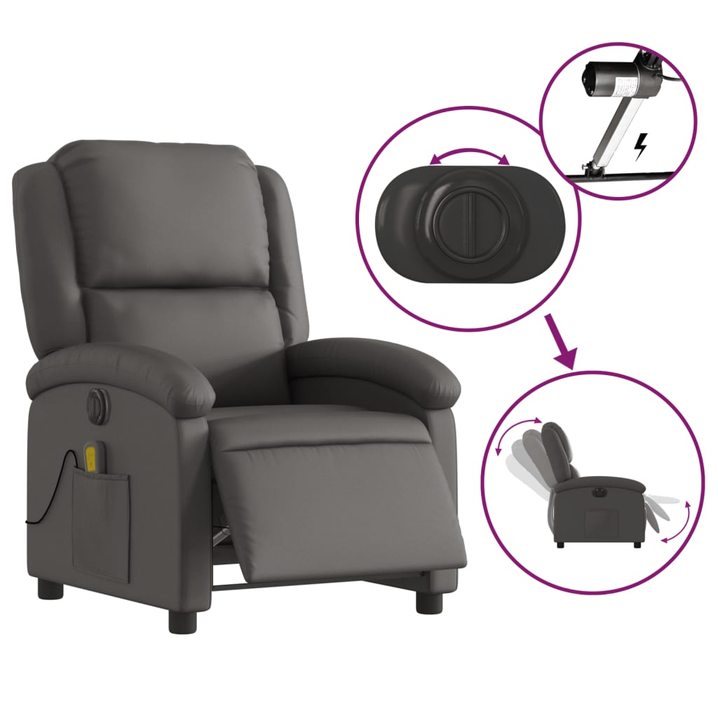 vidaXL Electric Recliner Chair Gray Real Leather-3