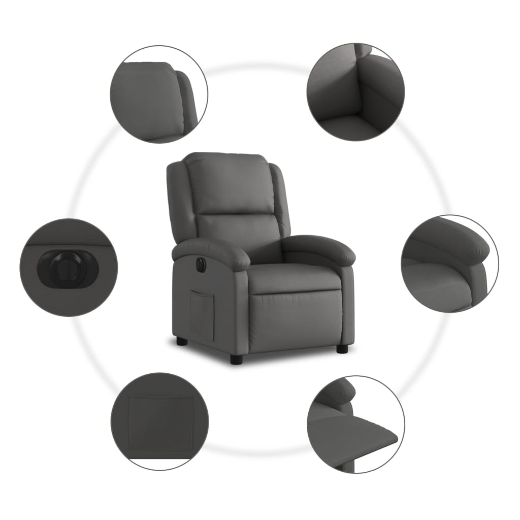 vidaXL Electric Recliner Chair Gray Real Leather-5