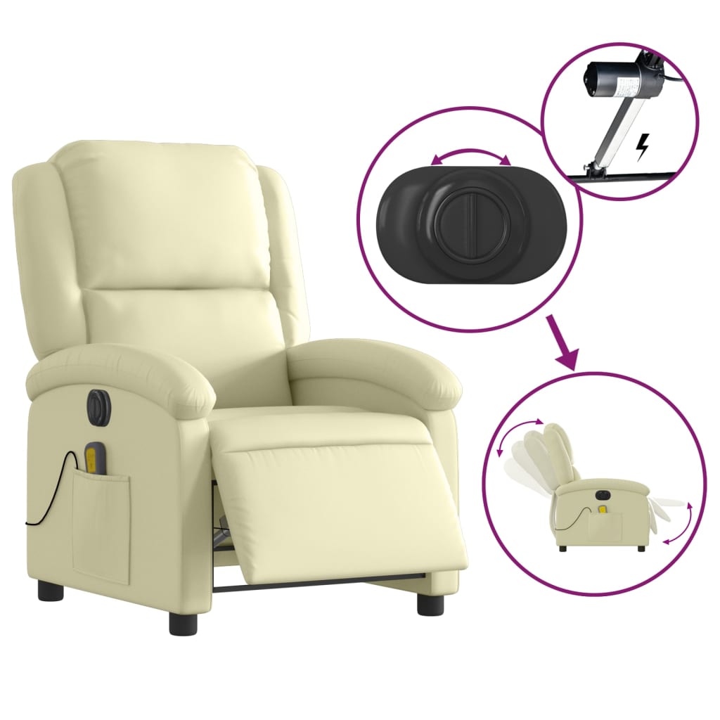 vidaXL Electric Massage Recliner Chair Cream Real Leather-3