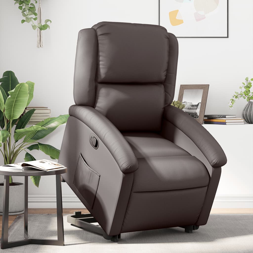 vidaXL Stand up Recliner Chair Dark Brown Real Leather-0