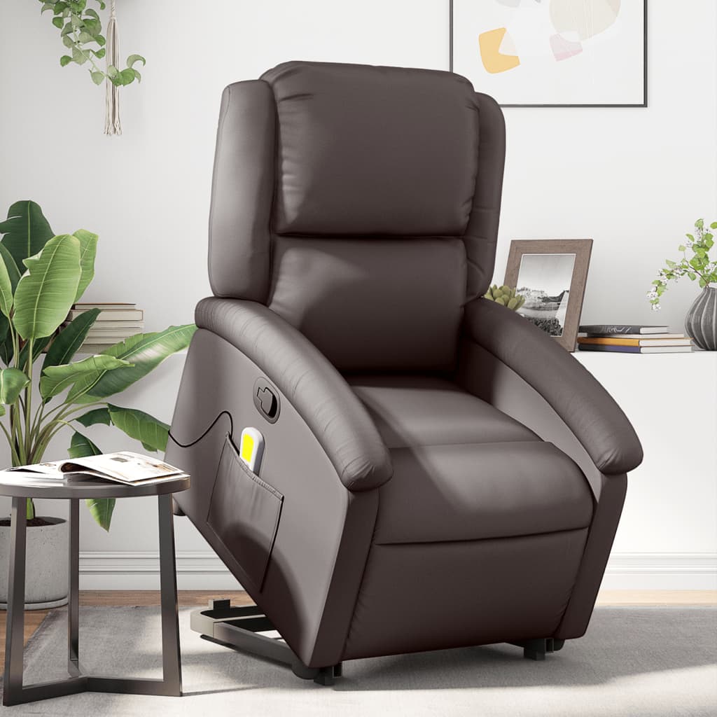 vidaXL Stand up Massage Recliner Chair Dark Brown Real Leather-0