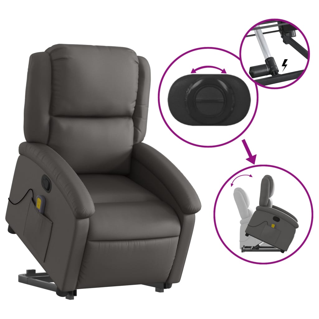 vidaXL Stand up Massage Recliner Chair Gray Real Leather-3