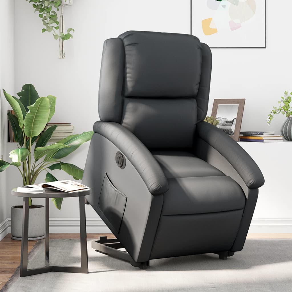 vidaXL Electric Stand up Recliner Chair Black Real Leather-0