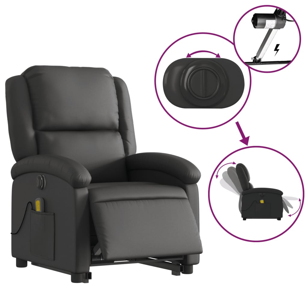 vidaXL Electric Stand up Massage Recliner Chair Black Real Leather-3