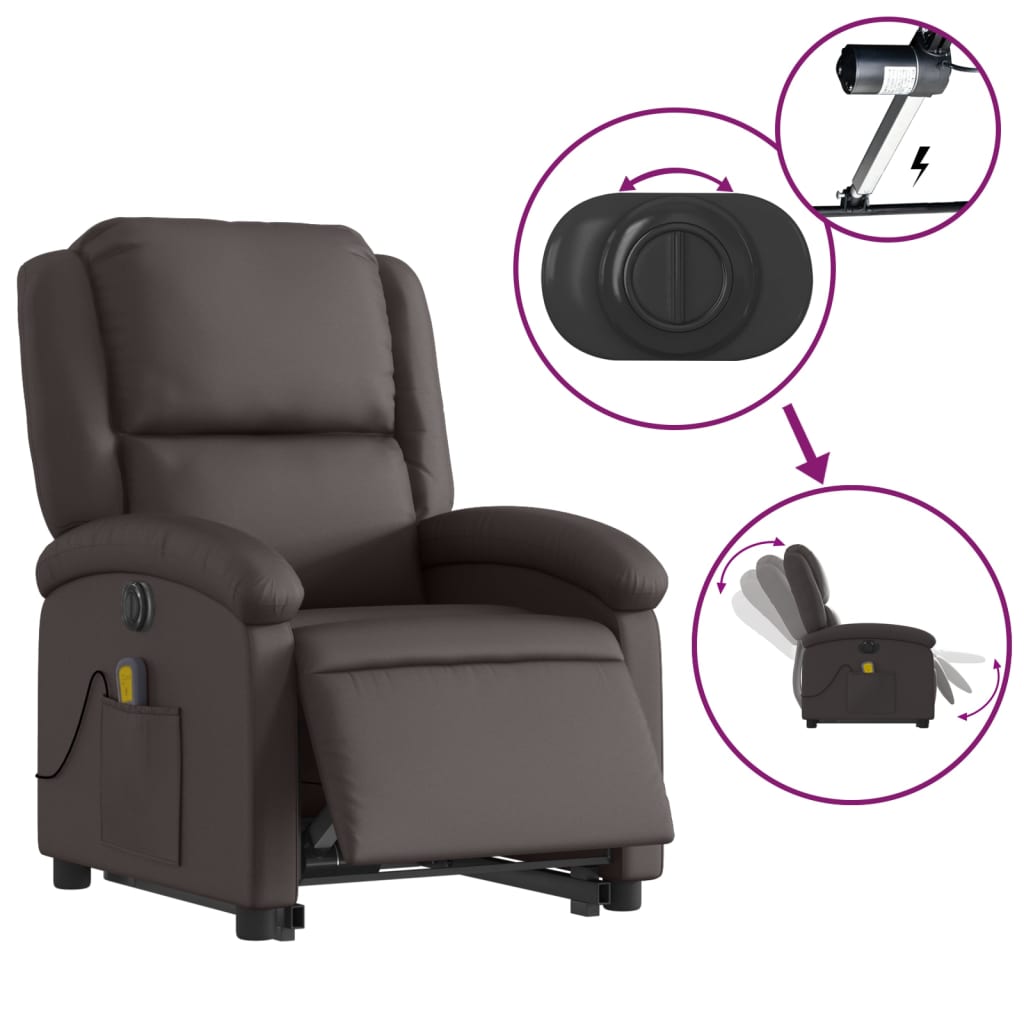 vidaXL Electric Stand up Massage Recliner Chair Dark Brown Real Leather-3